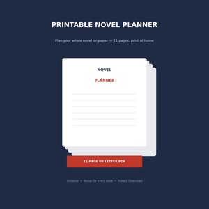 Puede incluir: Un planificador de novelas imprimible con una pila de páginas blancas sobre un fondo azul oscuro. El texto dice PRINTABLE NOVEL PLANNER, Plan your whole novel on paper — 11 pages, print at home, NOVEL PLANNER, 11-PAGE US LETTER PDF, Undated.