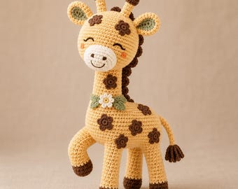 Giraffe Crochet Pattern, Golden Sitting Amigurumi with Daisy Collar, Multilingual PDF