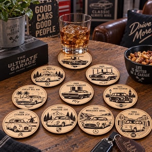 May include: A set of ten circular wooden coasters, each featuring a laser-engraved illustration of a classic car model, including a 1967 Ford Mustang, 1963 VW Beetle, 1969 Chevrolet Camaro, 1957 Chevy Bel Air, 1968 Dodge Charger, 1965 Mini Cooper, 1966 Citroen 2CV, 1959 Porsche 356, 1955 Mercedes 300SL, and 1964 Fiat 500.