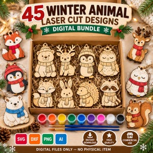 May include: A digital bundle of 45 winter animal laser cut designs featuring wooden ornaments of a bear, deer, penguin, owl, fox, rabbit, hedgehog, and raccoon. The set includes paint pots, two brushes, and file format icons for SVG, DXF, PNG, and AI.