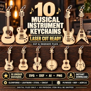May include: Ten light-coloured wooden musical instrument keychains featuring laser-cut designs of guitars, a violin, a banjo, and a mandolin. The image includes text stating 10 MUSICAL INSTRUMENT KEYCHAINS, LASER CUT READY, and file formats.