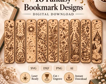 Puede incluir: Un conjunto de descarga digital de 10 diseños de marcapáginas de fantasía con intrincadas ilustraciones de estilo corte láser de mariposas, lunas, soles, pájaros, rosas, libélulas, setas, caracoles, linternas, libros y castillos, etiquetado 10 Fantasy Bookmark Designs.