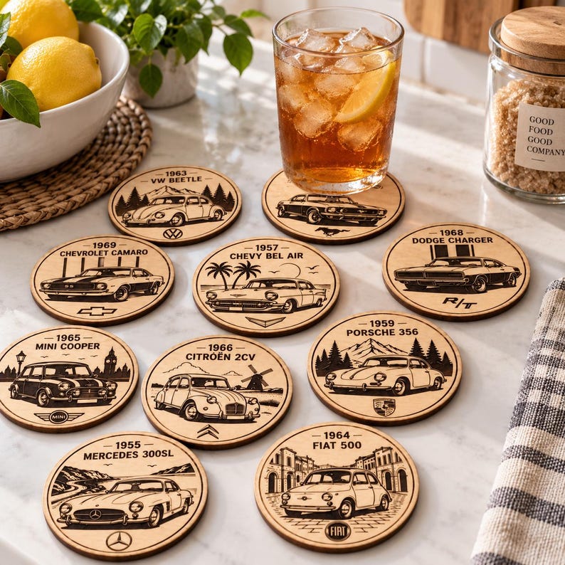 May include: A set of ten circular wooden coasters, each featuring a laser-engraved illustration of a classic car model, including a 1963 VW Beetle, 1969 Chevrolet Camaro, 1957 Chevy Bel Air, 1968 Dodge Charger, 1965 Mini Cooper, 1966 Citro&euml;n 2CV, 1959 Porsche 356, 1955 Mercedes 300SL, and 1964 Fiat 500.