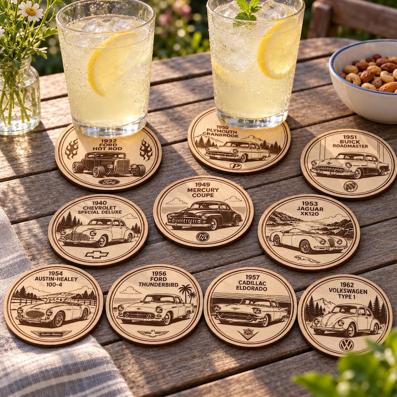 May include: A set of nine circular wooden coasters, each displaying a laser-engraved illustration of a classic car dating from the 1930s to the 1960s, featuring models such as the 1932 Ford Hot Rod, 1950 Plymouth Cranbrook, and 1962 Volkswagen Type 1.