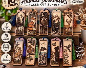 May include: A collection of 10 rectangular wooden bookmarks featuring laser-cut animal and nature designs, including a wolf, fox, owl, bear, deer, rabbit, squirrel, dolphin, cat, and hummingbird, each with a colourful fabric tassel attached.