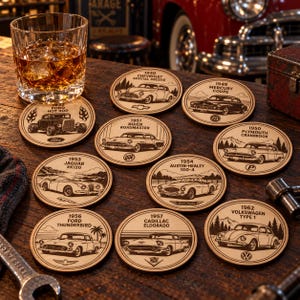 May include: A collection of nine circular wooden coasters, each featuring a laser-engraved illustration of a classic car with its model year and name. The set includes vehicles like the 1932 Ford Hot Rod, 1940 Chevrolet, 1949 Mercury, 1951 Buick, 1950 Plymouth, 1953 Jaguar, 1954 Austin-Healey, 1956 Ford Thunderbird, 1957 Cadillac, and 1962 Volkswagen.