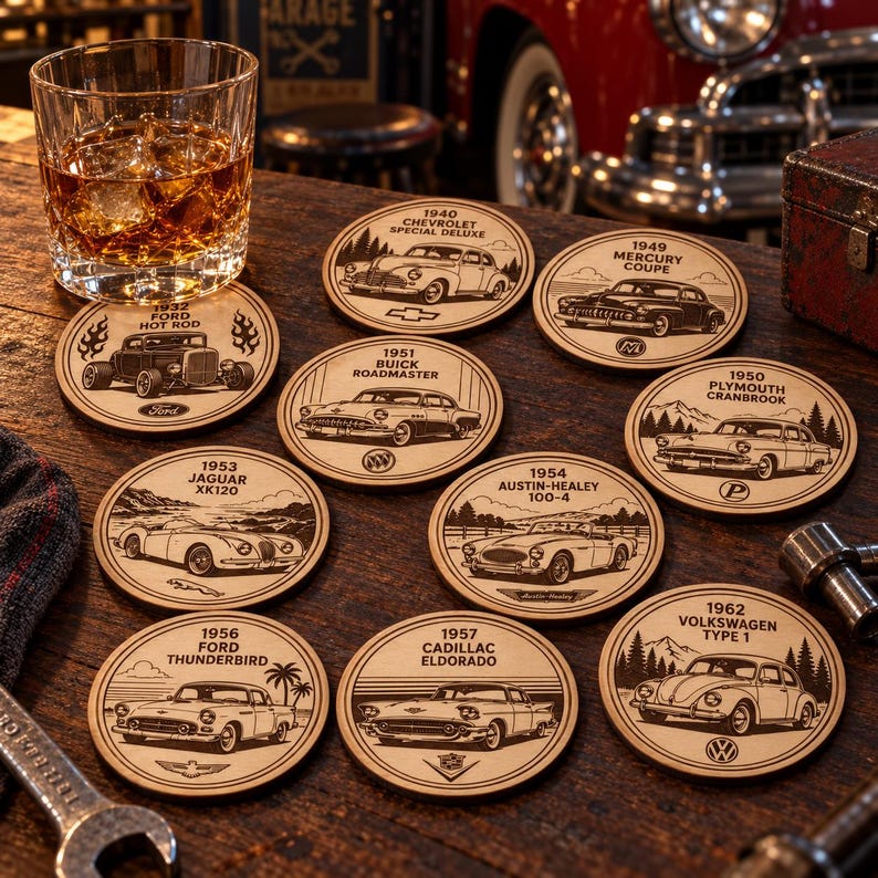 May include: A collection of nine circular wooden coasters, each featuring a laser-engraved illustration of a classic car with its model year and name. The set includes vehicles like the 1932 Ford Hot Rod, 1940 Chevrolet, 1949 Mercury, 1951 Buick, 1950 Plymouth, 1953 Jaguar, 1954 Austin-Healey, 1956 Ford Thunderbird, 1957 Cadillac, and 1962 Volkswagen.