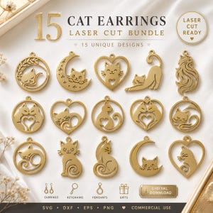 Könnte beinhalten: Ein digitales Set aus 15 goldfarbenen, lasergeschnittenen Katzenmotiven für Ohrringe, Schlüsselanhänger und Anhänger. Die Sammlung zeigt verschiedene Katzensilhouetten, darunter Katzen in Herzen, Monden und kreisförmigen Rahmen.
