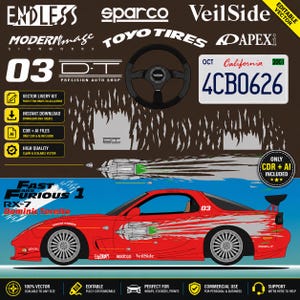 Op de afbeelding: Een digitale vectorbestandsset met een rode Mazda RX-7 sportwagen met zilveren vlamstickers, een zwart stuurwiel, een Californische nummerplaat en diverse automerklogo's zoals Endless, Sparco, VeilSide en Toyo Tires.