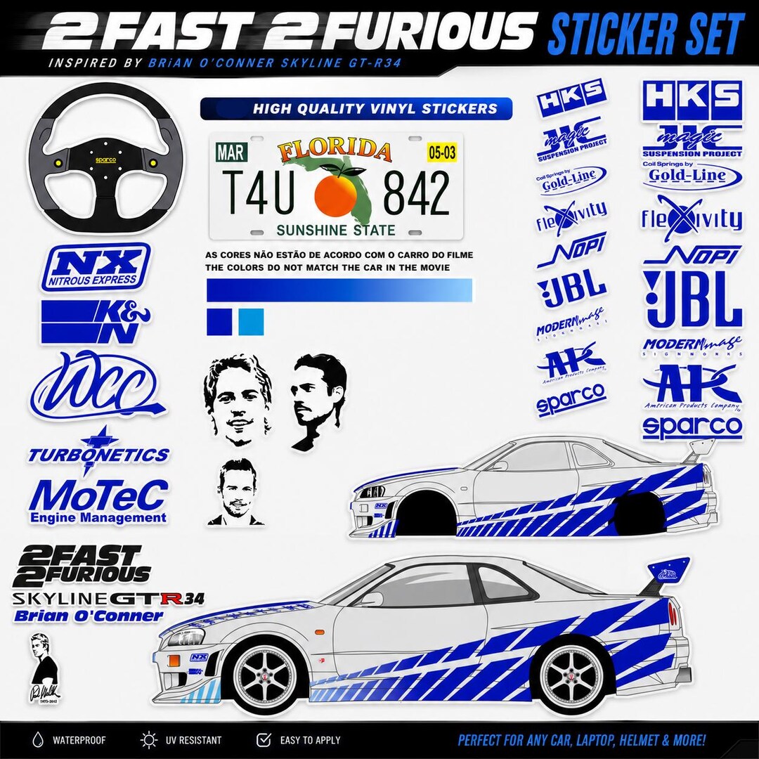 Brian O'conner Skyline R34 Decal Set | Fast Furious Car Livery Stickers ...