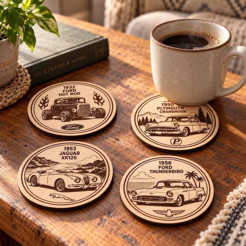 May include: Four circular wooden coasters featuring laser-engraved classic cars. The designs include a 1932 Ford Hot Rod, a 1950 Plymouth Cranbrook, a 1953 Jaguar XK120, and a 1956 Ford Thunderbird, each with specific text and graphic details.