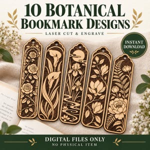 Puede incluir: Cinco marcapáginas verticales de madera con diseños botánicos cortados con láser, incluyendo rosas, calas, lirios, magnolias y peonías. El texto dice 10 BOTANICAL BOOKMARK DESIGNS LASER CUT & ENGRAVE, INSTANT DOWNLOAD, DIGITAL FILES ONLY NO PHYSICAL ITEM.