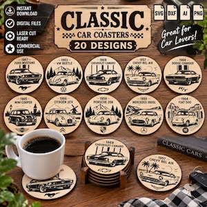 May include: A collection of twenty circular wooden coasters featuring laser-engraved illustrations of classic cars including the Ford Mustang, VW Beetle, Chevrolet Camaro, Chevy Bel Air, Dodge Charger, Mini Cooper, Citroen 2CV, Porsche 356, Mercedes 300SL, and Fiat 500.