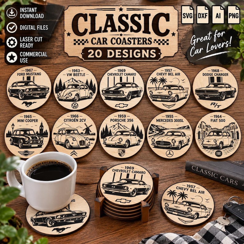 May include: A collection of twenty circular wooden coasters featuring laser-engraved illustrations of classic cars including the Ford Mustang, VW Beetle, Chevrolet Camaro, Chevy Bel Air, Dodge Charger, Mini Cooper, Citroen 2CV, Porsche 356, Mercedes 300SL, and Fiat 500.