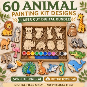 60 djurmålningskit SVG-paket, laserskurna filer, safari gård skog (digital nedladdning)