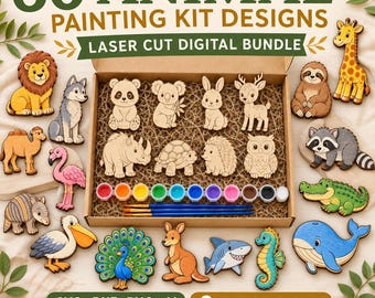 May include: A digital bundle of 60 animal painting kit designs featuring laser cut wooden shapes of various animals, including a lion, giraffe, and whale. The set includes paint pots and brushes, with text stating SVG, DXF, PNG, AI, and instant download.