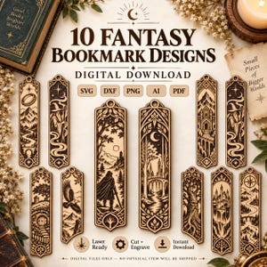 Op de afbeelding: Een verzameling van 10 fantasy bladwijzerontwerpen als digitale download, met gedetailleerde, laser-klare illustraties van tovenaars, kastelen, bossen en bergen. De tekst luidt 10 FANTASY BOOKMARK DESIGNS, DIGITAL DOWNLOAD, SVG, DXF, PNG, AI, PDF, Laser Ready.