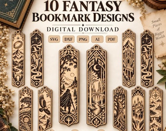 Puede incluir: Una colección de 10 diseños de marcapáginas de fantasía para descarga digital, con ilustraciones detalladas listas para corte láser de magos, castillos, bosques y montañas. El texto dice 10 FANTASY BOOKMARK DESIGNS, DIGITAL DOWNLOAD, SVG, DXF, PNG, AI, PDF.