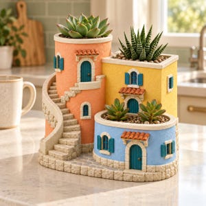 May include: A multi-level planter shaped like a Mediterranean village with orange, yellow, and blue sections. It features stone-textured staircases, arched doorways with teal doors, and blue shutters. Three green succulents are planted in the top openings.
