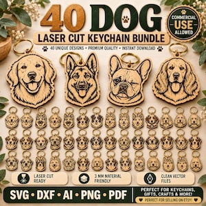 Könnte beinhalten: Ein digitales Set aus 40 lasergeschnittenen Hunde-Schlüsselanhänger-Designs verschiedener Rassen. Die Sammlung enthält SVG-, DXF-, AI-, PNG- und PDF-Dateien für 3 mm Material. Text beinhaltet 40 DOG LASER CUT KEYCHAIN BUNDLE.