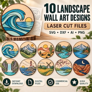 Op de afbeelding: Een digitale collectie van 10 landschapsontwerpen voor wanddecoratie voor lasersnijden, met ronde houten platen met scènes van golven, bergen, woestijnen, bossen, watervallen, vuurtorens, windmolens en ravijnen. Inclusief SVG, DXF, AI en PNG-bestanden.