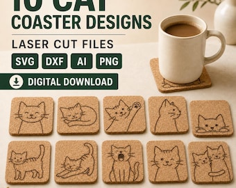 May include: Ten square cork coasters featuring various laser-engraved cat illustrations. The text reads 10 CAT COASTER DESIGNS, LASER CUT FILES, SVG, DXF, AI, PNG, and DIGITAL DOWNLOAD. One coaster is placed under a beige ceramic mug.