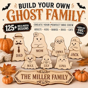 Op de afbeelding: Een lasergesneden houten knutselset getiteld Build Your Own Ghost Family met 125+ ontwerpen om te combineren. De set bevat diverse spookfiguren met de namen Dad, Mom, Emma, Jack, Max, Lily, Luna en een bordje met The Miller Family.