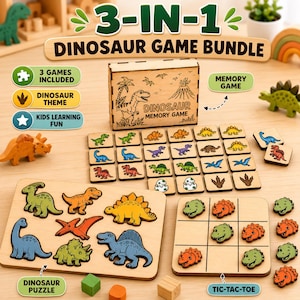 Puede incluir: Un conjunto de 3 juegos de dinosaurios que incluye una caja de madera para juego de memoria, un tablero de rompecabezas con varias piezas coloridas de dinosaurios y un juego de tres en raya con fichas de caras de dinosaurios.