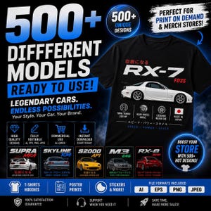 May include: A black t-shirt featuring a white Mazda RX-7 FD3S car graphic with Japanese text, the label RX-7 FD3S, and icons for twin turbo, rear wheel drive, and a Japanese flag. The image includes text promoting 500+ car designs for merchandise.