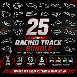 以下が含まれることがあります： 2027 RACING TRACK BUNDLE PREMIUM TRACK OUTLINESとラベル付けされた25種類のレーストラックの輪郭のデジタルコレクション。画像には、LASER READY、3D PRINT READY、COMMERCIAL USE、INSTANT DOWNLOADのアイコンと、SVG、PNG、DXF、STLのファイル形式が含まれています。