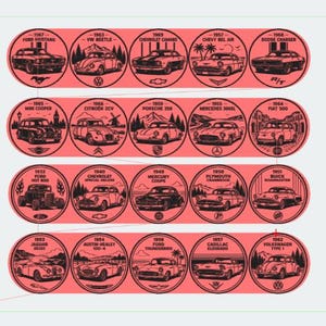 May include: A rectangular sheet featuring twenty circular stickers arranged in four rows. Each sticker displays a classic car illustration in black ink on a coral background, including models like the Ford Mustang, VW Beetle, and Chevrolet Camaro, with their respective years and brand logos.