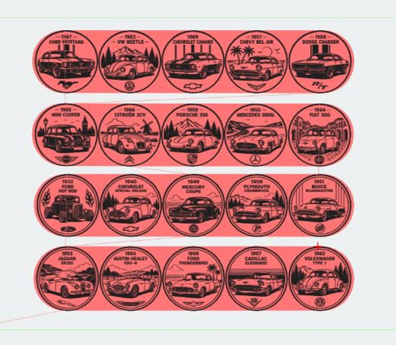May include: A rectangular sheet featuring twenty circular stickers arranged in four rows. Each sticker displays a classic car illustration in black ink on a coral background, including models like the Ford Mustang, VW Beetle, and Chevrolet Camaro, with their respective years and brand logos.