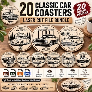 Peut inclure: Un lot numérique de 20 fichiers de découpe laser pour sous-verres de voitures classiques. Les motifs circulaires présentent des illustrations de véhicules comme la Ford Mustang 1967, la VW Beetle 1963, la Chevrolet Camaro 1969 et la Chevy Bel Air 1957.