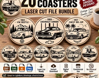 May include: A digital bundle of 20 classic car coaster laser cut files. The circular designs feature illustrations of vehicles like the 1967 Ford Mustang, 1963 VW Beetle, 1969 Chevrolet Camaro, and 1957 Chevy Bel Air. Includes DXF, SVG, AI, and PNG formats.