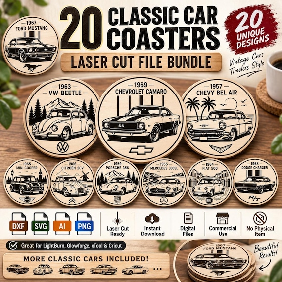 20 Vintage Car Coaster SVG Bundle, Laser Cut Designs (Digital Download)
