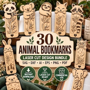 May include: A collection of laser-cut wooden bookmarks featuring various animal designs including a panda, koala, sloth, fox, raccoon, rabbit, owl, bear, and elephant, with a central sign displaying 30 ANIMAL BOOKMARKS LASER CUT DESIGN BUNDLE.