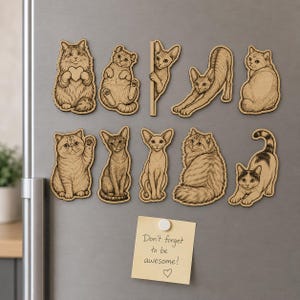 Puede incluir: Un conjunto de diez imanes de madera de color marrón claro con forma de gato en varias posturas, incluyendo gatos sentados, estirándose y asomándose. Debajo de los imanes hay una nota adhesiva cuadrada de color amarillo claro con el texto: Don't forget to be awesome! y un corazón.