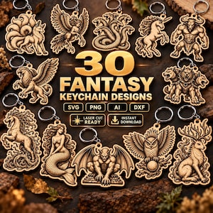 Op de afbeelding: Een collectie van 30 fantasy sleutelhangerontwerpen met lasergesneden houten mythische wezens, waaronder een negenstaartige vos, harpij, hydra, eenhoorn, minotaurus, griffioen, cerberus, zeemeermin, waterspuwer, uil en hert. De tekst luidt 30 FANTASY KEYCHAIN DESIGNS.
