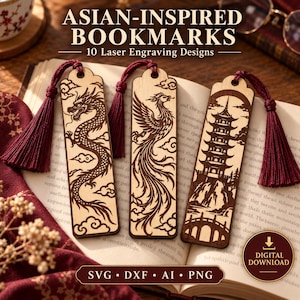 May include: Three rectangular wooden bookmarks with laser-engraved designs of a dragon, a phoenix, and a pagoda. Each bookmark features a dark red tassel attached to the top. The text reads ASIAN-INSPIRED BOOKMARKS 10 Laser Engraving Designs.