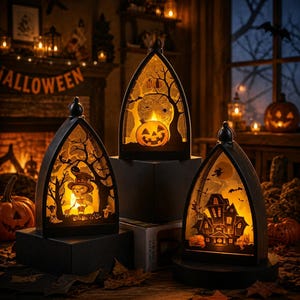 May include: Three black arched lanterns with internal illumination. The left lantern features a skeleton, the centre displays a jack-o'-lantern and tree, and the right shows a haunted house. Each lantern has a pointed top and a dark frame.