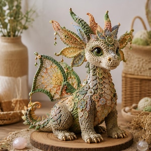 May include: A crochet dragon figurine featuring intricate green, orange, and blue threadwork. The creature has large green eyes, delicate lace-like wings, and small gold-colored claws. It is adorned with floral patterns and dangling beads.