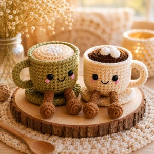 Könnte beinhalten: Zwei gehäkelte Tassen-Plüschtiere mit lächelnden Gesichtern, rosa Wangen und baumelnden braunen Beinen. Eine Tasse ist salbeigrün mit beigem Latte-Art-Motiv, die andere ist cremefarben mit dunkelbraunem Oberteil und drei kleinen weißen gehäkelten Kugeln.