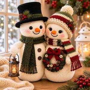 May include: Two crocheted snowmen figures. The left snowman wears a black top hat with pine and berries, a dark green scarf, and holds a small lantern. The right snowman wears a striped hat with a pom-pom, a matching scarf, and holds a small wreath.