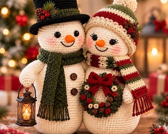 May include: Two crocheted snowman figures. The left snowman wears a black top hat with pine accents and a green scarf, holding a small lantern. The right snowman wears a red, green, and white striped hat with a pom-pom and a matching scarf, holding a small wreath.
