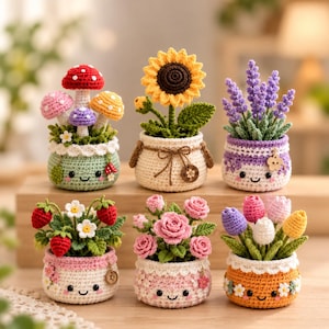 Amigurumi-Blumentopf-Häkelanleitung (PDF), 6 Kawaii-Designs (Digitaler Download)