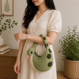Puede incluir: Un bolso de ganchillo en forma de media luna que representa una serpiente verde. El bolso presenta un cuerpo verde claro con manchas circulares verde oscuro, una parte inferior beige, una cabeza de serpiente con ojos negros y una lengua rosa.