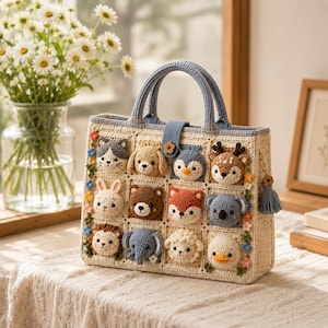 Puede incluir: Un bolso tote rectangular de ganchillo en color crema con asas azules y cierre de botón. La parte frontal presenta una cuadrícula de doce caras de animales tejidas en relieve, incluyendo un gato, perro, ciervo, oso, zorro, koala y elefante.