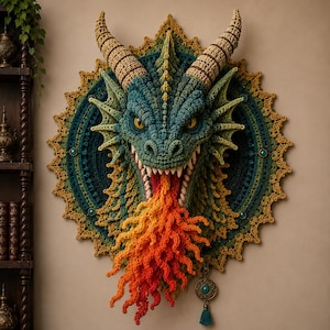 Häkelanleitung für einen Drachen-Wandbehang (PDF) – Amigurumi-Fantasy-Drachenkopf-Mandala, digitaler Download