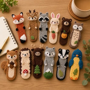 May include: A collection of twelve handmade crochet bookmarks shaped like various woodland animals including a fox, deer, raccoon, rabbit, bear, owl, squirrel, hedgehog, moose, wolf, badger, and blue bird, each featuring small nature-themed accents.