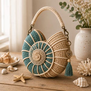 May include: A crochet handbag shaped like a nautilus shell, featuring alternating teal and beige yarn sections. The bag includes a matching crochet handle, bronze-toned metal hardware, a circular wooden charm, and a teal tassel hanging from the side.